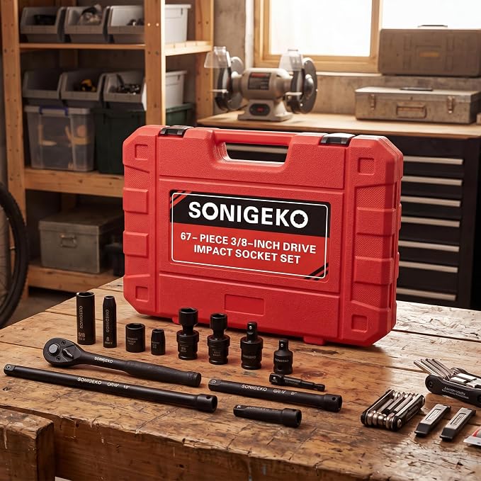 3/8" Drive Impact Socket Set, 67-Piece Standard Metric & SAE 6 Point CR-V Steel Sockets,Includes Extension Bars, 20-Piece Swivel Sockets, Universal Joint, Ratchet Handle and Adapter