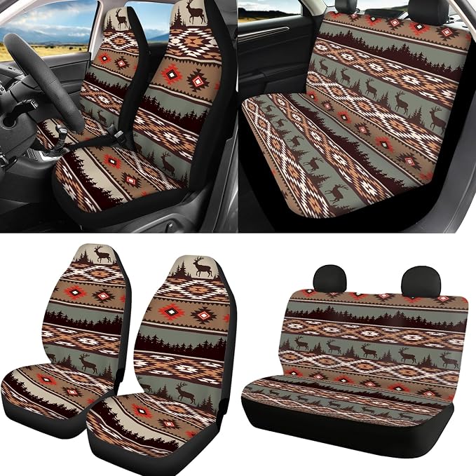 Navajo Aztec Deer Car Seat Covers Full Set with Steering Wheel Cover Shoulder Pads for Women Men, Stretchy Seat Covers for Cars, Car Accessories Universal Fit for Most Cars Truck, Brown
