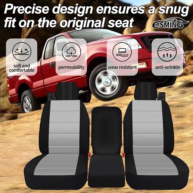 ESMING 40/20/40 Durable Oxford Fabric Front Split Bench Seat Covers for Ford F150 XL Standard Cab 2004 2005 2006 2007 2008 with Integrated Seatbelts & Solid Armrest-Gray