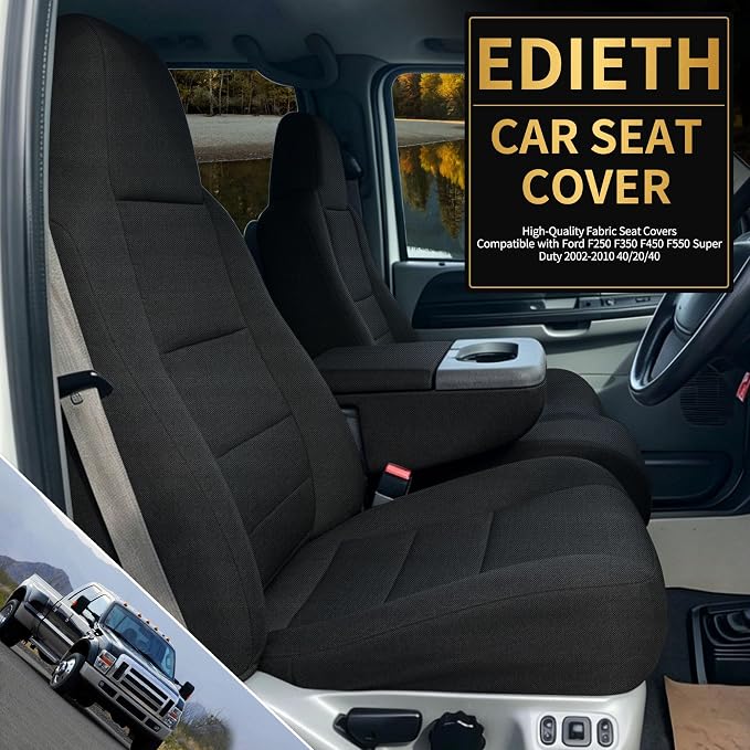 Front Seat Covers for Ford F250-F550 Super Duty 2002-2010 40/20/40 Split Seat with Molded Headrest & Shoulder Support Textured Breathable Fabric Knit - Black