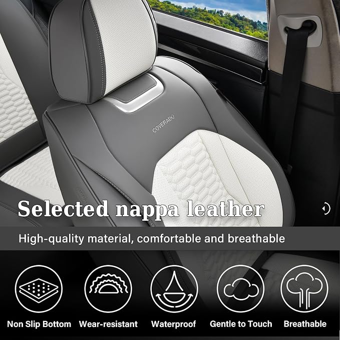 Coverado Seat Covers for Cars, Luxury Leather Seat Covers Full Set, Waterproof Automotive Seat Covers Protector Universal Fit for Most Sedans, SUVs, Pick-up Trucks(Gray&White)