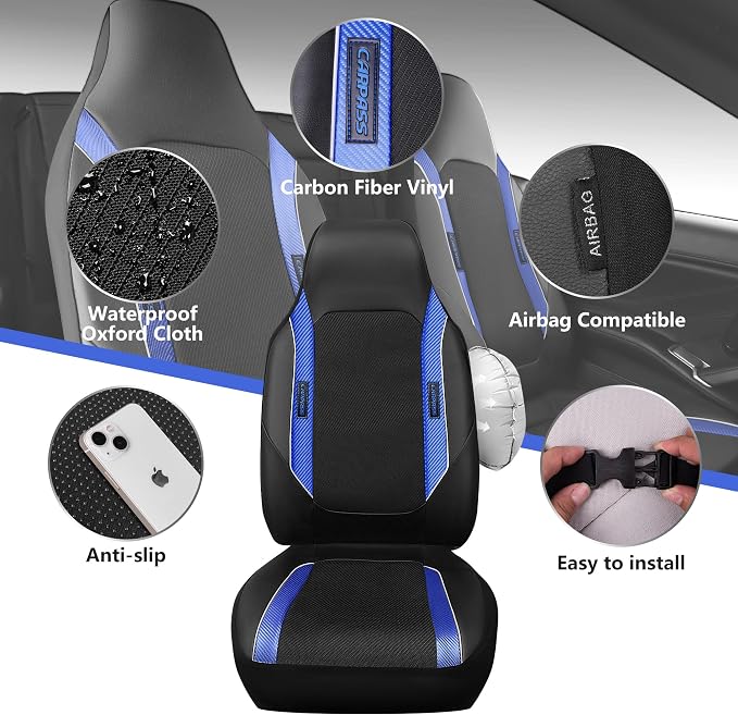 CAR PASS Sporty High Back 3D Oxford Waterproof Car Seat Cover Two Front, Universal Carbon Fiber Leather Bucket Seat Cover All Weather, Airbag Compatible Fit Sports Car SUV Sedan Truck Black Blue