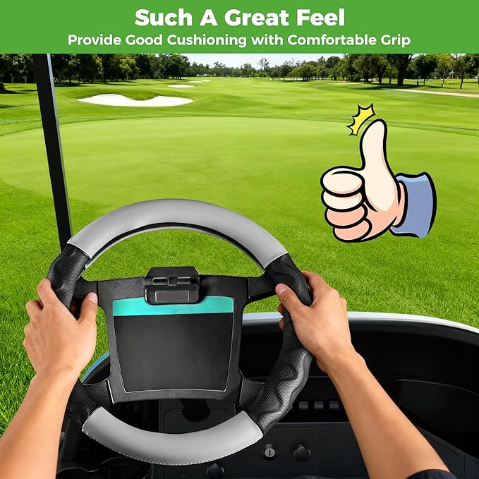10L0L Golf Cart 14" Steering Wheel Cover for Club Car DS Precedent and Yamaha Models, Breathable Rubber Leather Materials,Good Texture Nice Look（Black+Grey）