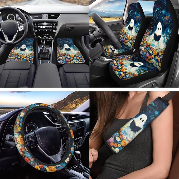 Halloween Ghost Design Car Interior Accessories Set of 18, Car Seat Covers Full Set with Floor Mats Steering Wheel Cover Shoulder Pads Roof Gloves Armrest Pad Cover Cup Coaster Keychains