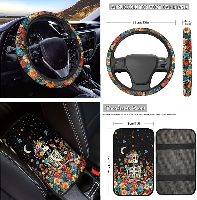 Skeleton Print Automotive Seat Covers Full Set Hippie Flower Print Front and Rear Split Bench Seat Cover Headrest Covers Steering Wheel Cover Safety Belt Pad Armrest Cushion