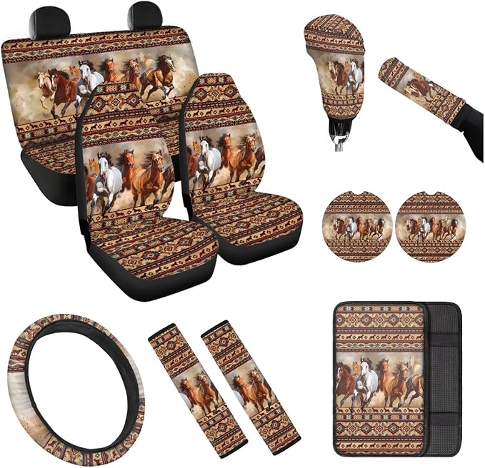 Tribal Horse Car Seat Covers Full Set 12 Pcs Car Steering Wheel Cover Center Console Cover Fashion Auto Seat Belt Covers Gear Lever Cover Fit for Most Cars, SUVs