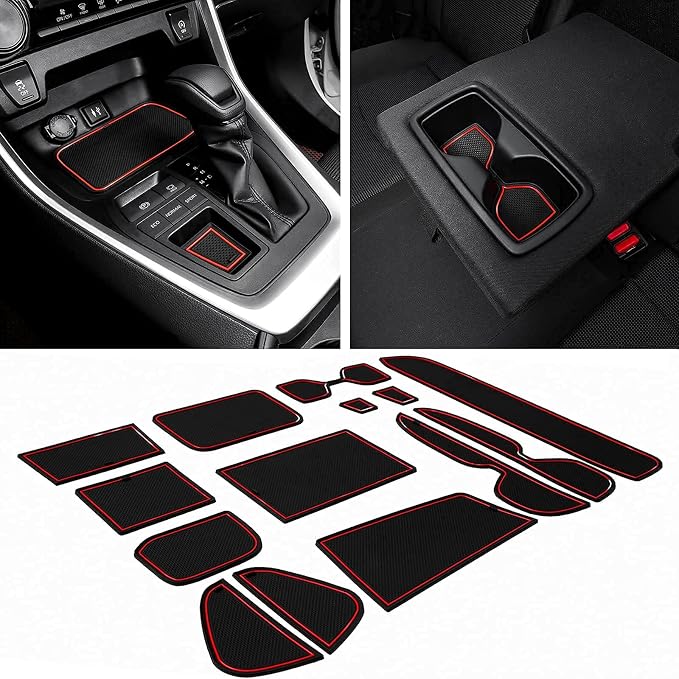 JDMCAR Custom Liners (Red Trim) and Center Console Organizer (Red) Compatible with 2022 2021 2020 2019 RAV4 Accessories