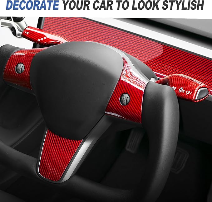 T-carbon Real Glass Fiber Steering Lever Cover Compatible with Tesla Model 3 Model Y 2017-2024, Gear Shift Paddle Cover Compatible with Model 3/Y Interior Accessories, Red