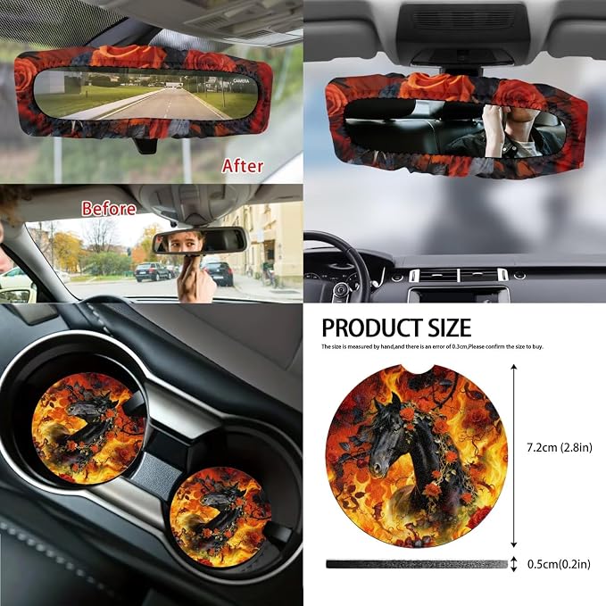 Horse Rose Print Car Interior Cover Set of 14 Fire Print Front and Rear Split Bench Seat Covers with Steering Wheel Cover Center Console Pad Safety Belt Pads for SUV Truck Sedan