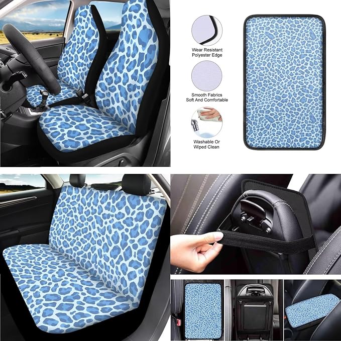 Blue Leopard 13 PCS Car Seat Cover Blue Leopard Spot Set Car Seat Cover Full Set Trucks Sedan SUV Seat Animal Skin Texture Belt Pads Steering Wheel Cover Car Accessories