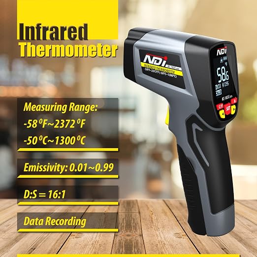 NDI High-Precision Infrared Thermometer Temperature Gun, -58℉ to +2372℉, Multi-Purpose for Cooking, Steel Smelting, Automotive Engine Repair, HVAC IRT Gun with Adjustable Emissivity