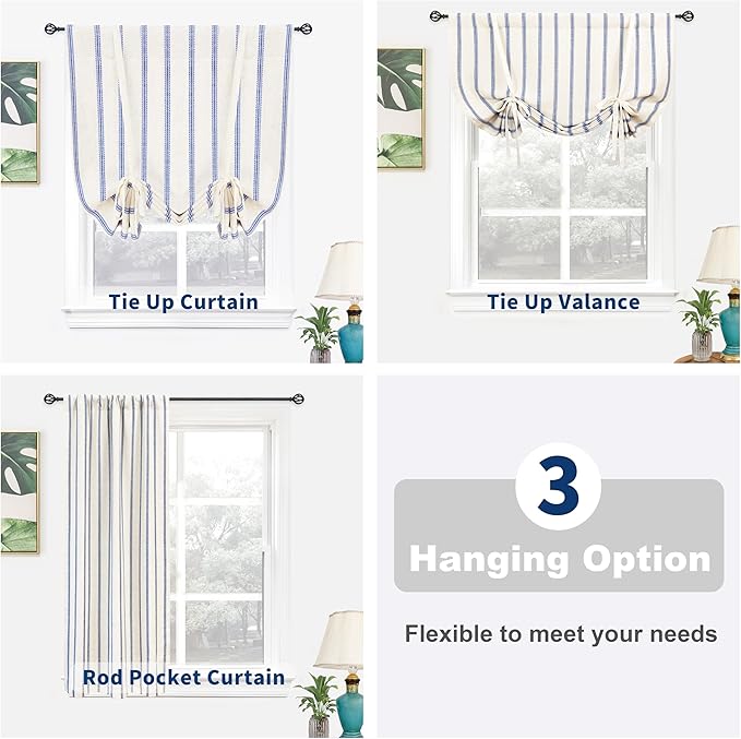 DriftAway Farmhouse Double Layer Linen Blackout Tie Up Curtains Thermal Insulated Vertical Striped Fully Lined Balloon Roman Shade Bathroom Window Adjustable Rod Pocket 31 Inch by 47 Inch Navy