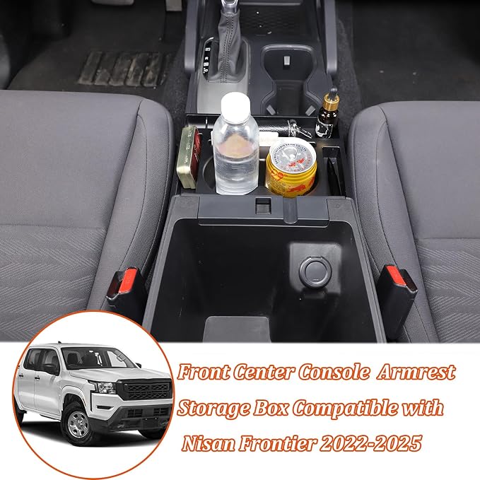 Center Console Armrest Storage Box Compatible with Nisan Frontier 2022-2025, ABS Front Cup Holder Organizer Tray Armrest Storage Accessories