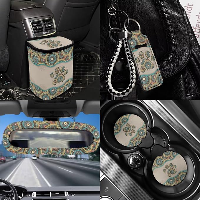 Dog Paw Print Car Seat Covers Full Set of 12 Car Seat Belt Pad Cover Steering Wheel Cover Car Trash Can Rear View Mirror Cover Car Cup Coasters Keychains Keychain Holder