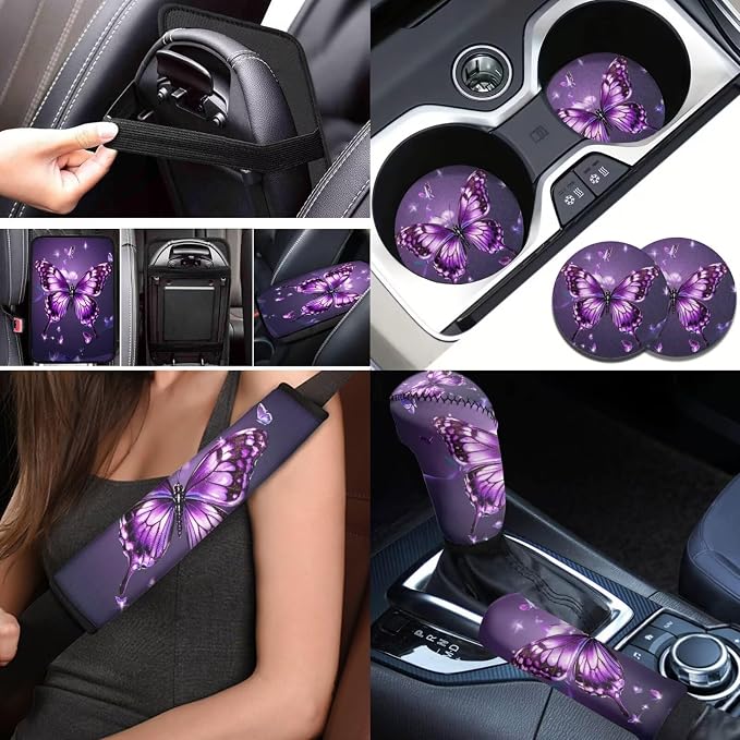 BIGCARJOB Butterfly Print Car Seat Cover Set of 12 Pieces Purple Butterfly Car Accessories Set with Seat Belt Cover,Armrest Pads,Cup Holder Coaster,Universal Steering Wheel Covers