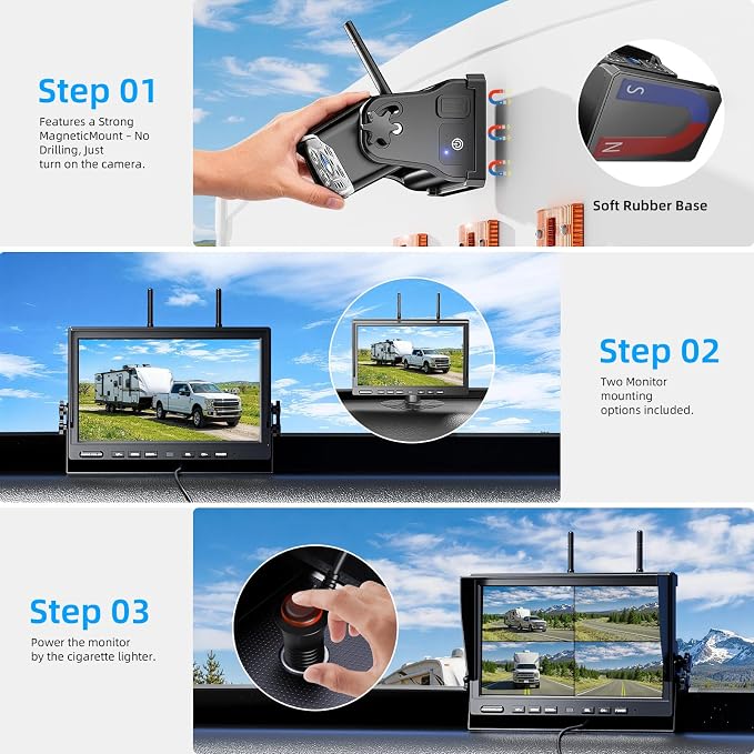 3 Magnetic Wireless Backup Camera with HD 1080P 10" DVR Monitor, 1-Rear View 2-Side View Cameras Wireless System for RV Trailer Trucks, Built-in 9600mAh Battery,Night Vision,Recording- ZEROXCLUB BC103