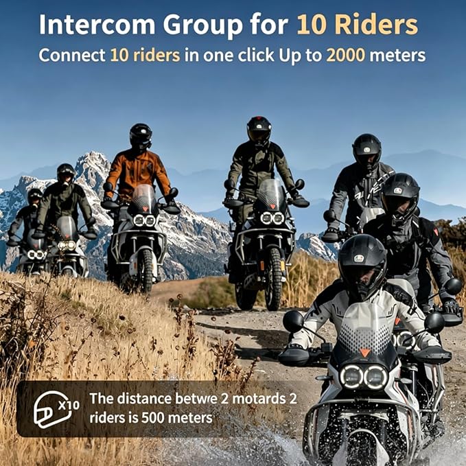 Fodsports FX8 PRO Motorcycle Bluetooth Intercom, 10-Rider Group Helmet Communication System, Music Sharing, Universal Wireless Interphone（APP/Waterproof/Stereo Music/GPS/2 Mics） (Single Pack)