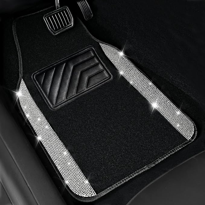 CAR PASS Diamond Bling Leather Seat Covers Set Car Floor Mats Glitter Rhinestone Steering Wheel and Car Interior Accessory Set for Women Silver