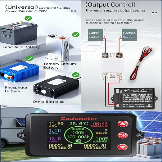 RQG New 100A Battery Monitor with Shunt,8-100V 2 Inch Color Screen Shunt Monitor,High Precision TFT Color Screen Coulometer for Car RV Golf Cart Solar Panel,Multi Functional Battery Monitor Meter