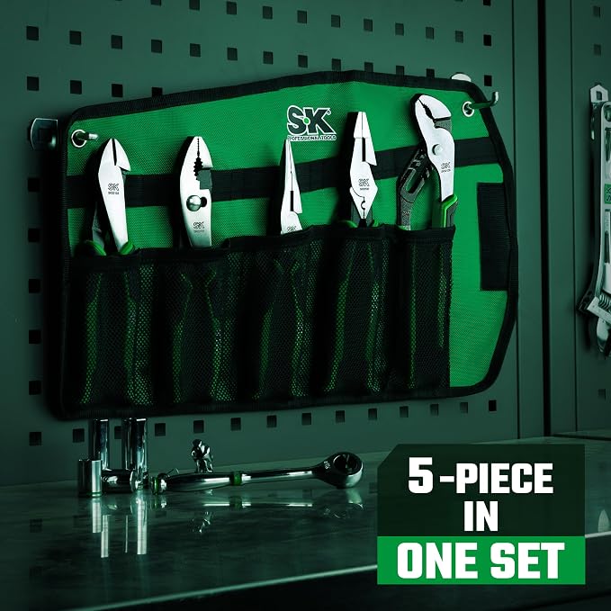 SK 5-Piece Pliers Set, 8" Needle Nose & Slip Joint & Diagonal Pliers, 9.5" Linesman, and 10" Groove Joint, CR-V Construction, Anti-slip Handle, with Rolling Pouch