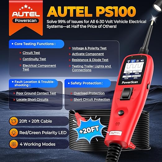 Autel PowerScan PS100 Automotive Circuit Tester 2.0, 12-24V Power Circuit Probe Tool, Electrical Short Open Circuit Finder, AC/DC/Resistance/Component/Signal/Test Light Automotive, 20ft Extension Cord