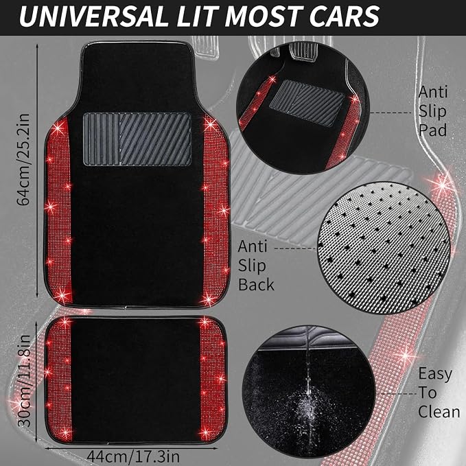 NBTEPEM Bling Car Floor Mats Full Set and Steering Wheel Cover, Universal Fit Most Cars, 4 pcs Sparkle Glitter Diamond Carpet, 5 pcs Bling Car Accessories Set for Women (Red Diamond)
