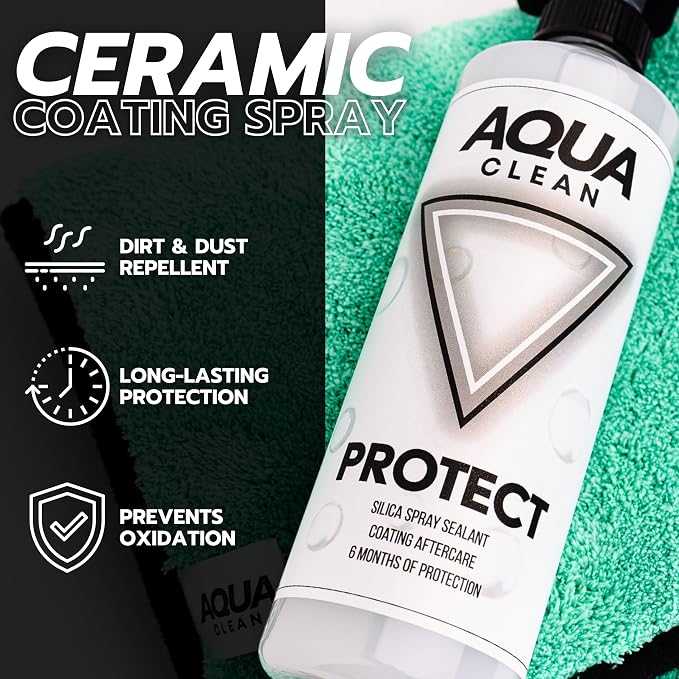 AquaClean PROTECT Ceramic Coating Spray | Car, Truck, Boat, RV & Motorcycle | 12 Month SiO2 Protection | Hydrophobic UV Shield | Protects Paint, Glass & Trim | Easy Spray & Wipe | USA Made | 16oz