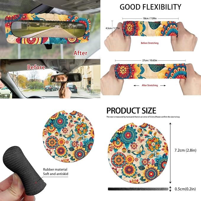 Boho Floral Butterfly 15 PCS Car Seat Cover Set with Auto Steering Wheel Cover Seat Belt Strap Protector Cup Holder Trash Bag Rear View Mirror Protector Keychain