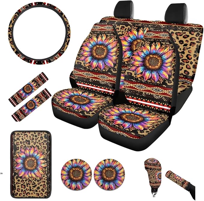 BIGCARJOB Leopard Print Car Accessories Full Set 12 Pcs Sunflower Leopard Print Car Seat Covers Set for Front Back,Leopard Print Steering Wheel Covers,Armrest Pads,Coaster