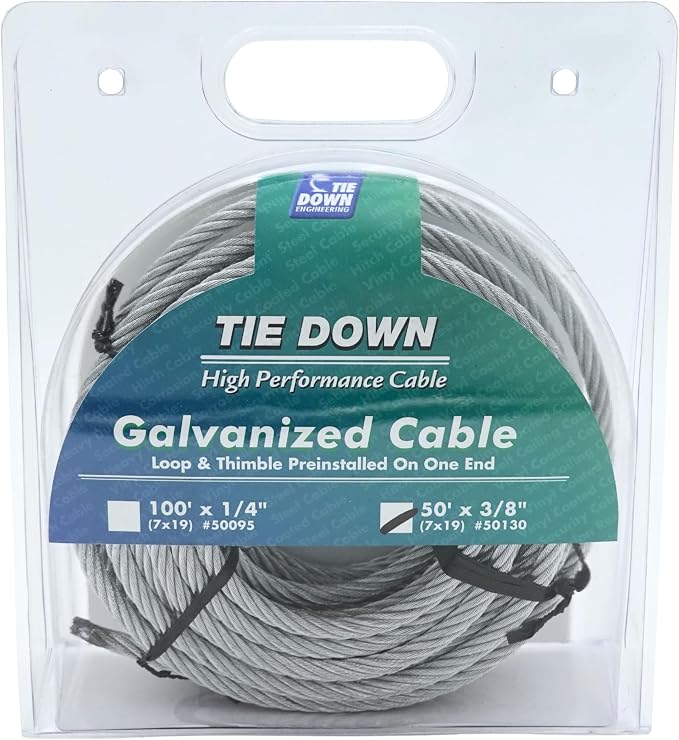 Tie Down 50130 Galvanized Cable (Swagged Loop and Thimble, 3/8 Inch, 50 Foot Roll), Pack