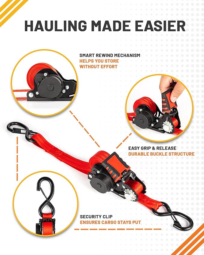 Strapinno Retractable Ratchet Straps - 1 in x 12 ft Heavy Duty Tie Downs, 1800lbs Breaking Strength Each, S Hooks with Safety Clip, AutoRetract, for Moving, Motorcycle, Boat, Kayak, and Cargo (2)