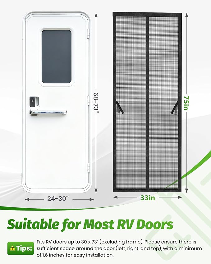 Magnetic RV Screen Door Curtain for Camper, Curtain Size 33'' x 75'', Travel Trailer, Fifth Wheel and Motorhome, Tear-Resistant Mesh Bug Screen, Self Closing Mosquito Net, Pet Friendly