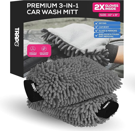 Premium 3-in-1 Car Wash Mitt Scratch Free, Cleaning Mitt, Microfiber Wash Mitts for Car Washing, Drying, and Scrubbing (2-Pack)