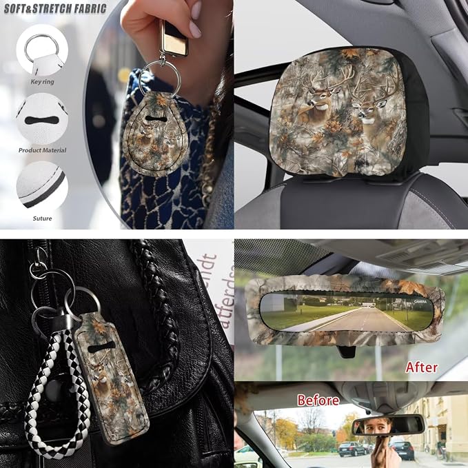 Deer Hunting Printed Car Seat Cover with Armrest Pad Cover Chapstick Keychain Coasters Car Coaster Non Slip Car Seat Cover Full Set Auto Accessories Set, Brown