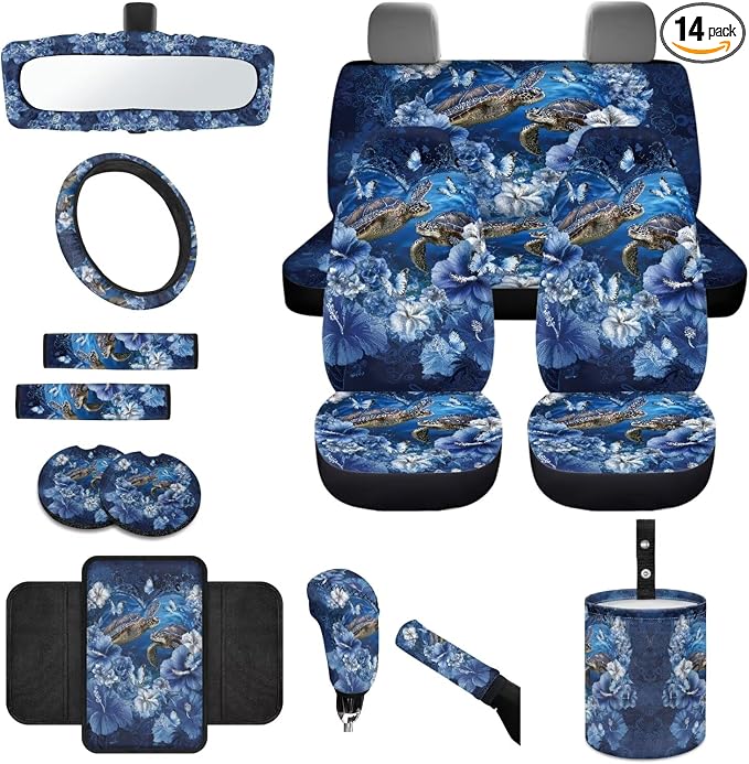 Sea Turtle Print Car Interior Cover Set Hibiscus Butterfly Print Car Front and Rear Seat Covers Steering Wheel Cover Armrest Pad Safety Belt Pads Rear View Mirror Protector, 14Pcs