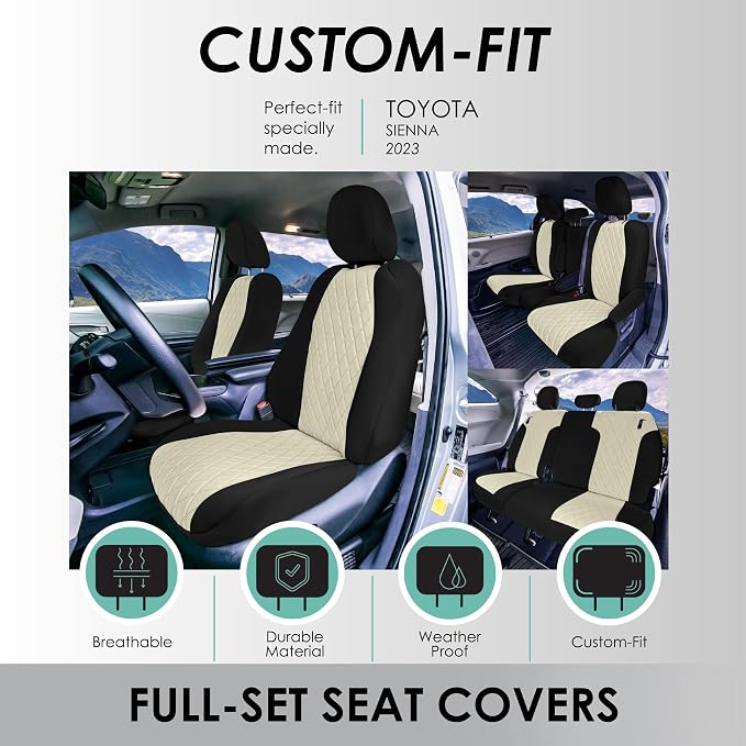 FH Group Custom Fit Car Seat Covers Specifically Made for Toyota Sienna 2021-2024, Beige Ultraflex Neoprene Full Set Automotive Seat Covers, 8 Seater SUV Seat Covers, Toyota Accessories