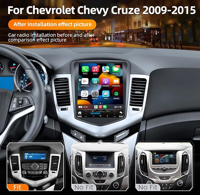 8 Core+4G RAM Android 13 Car Radio for Chevrolet Chevy Cruze 2009-2015: 10.4 Inch Touch Screen Tesla Style Stereo with CarPlay Android Auto 5G WiFi GPS Bluetooth FM/RDS SWC Backup Camera +Mic