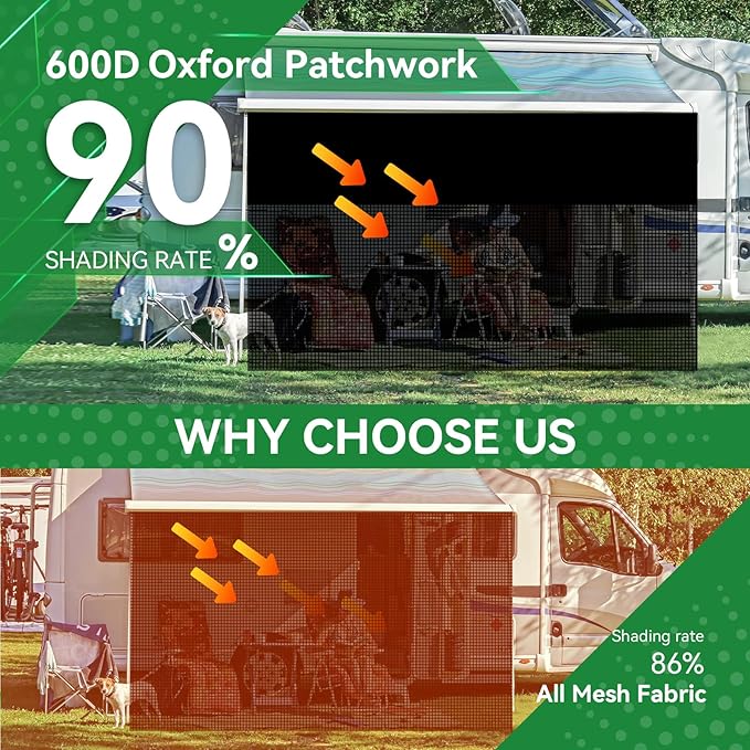 RV Awning Shade Screen with Zipper 9' x 15'3'', 600D Oxford Top + Mesh Bottom, RV Sun Shade Screen for Awning, RV Shade Complete Kits for Trailer Camper