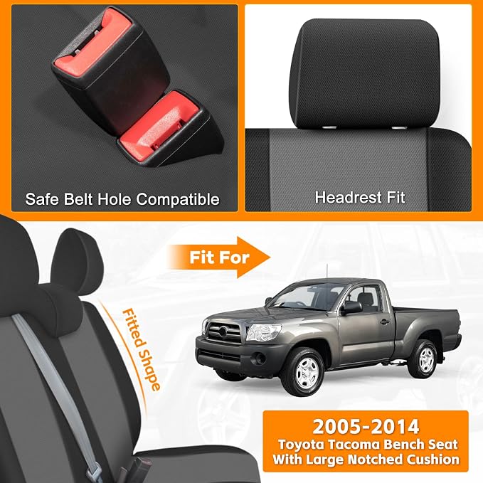 Truck Bench Seat Cover Compatible with 2005-2014 Toyota Tacoma with Large Notched, Black and Charcoal