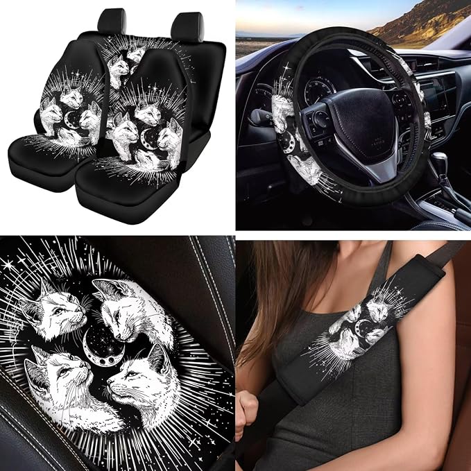 Gothic Cat Car Seat Covers Full Set 12 Pack with Steering Wheel Cover Center Console Cover Keychain Holder and Car Seat Belt Cover Universal Fit Most Vehicles Cars SUV
