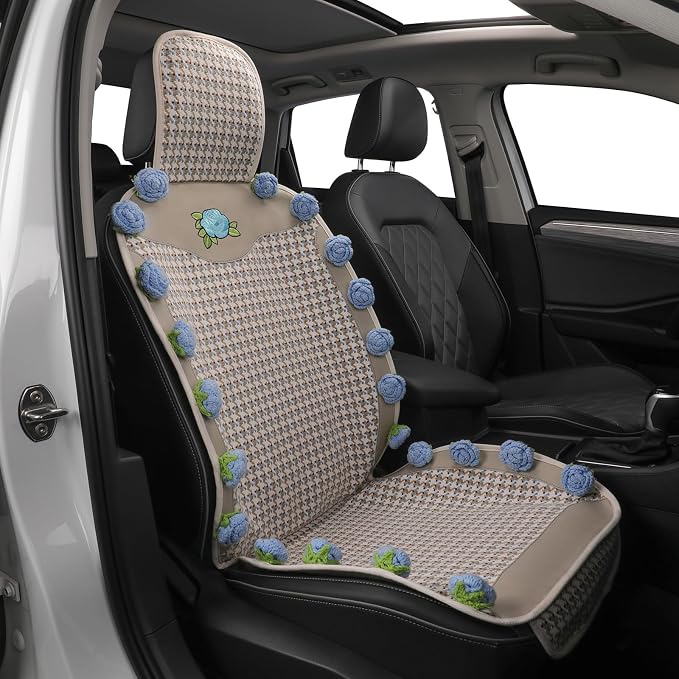 Universal Seat Covers for Cars,SUVs&Trucks,Handmade 3D Blue Rose Seat Protector,Leather&Houndstooth Cotton-Linen Floral Seat Cover,Cute Car Accessories for Women (1-Piece)