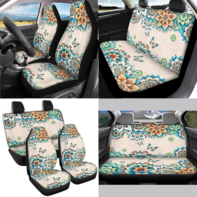 Boho Mandala Butterfly Pattern 13 Pieces Car Accessories, Car Seat Covers Full Set, Wear Resisting Steering Wheel Cover, Seat Belt Pads, Cup Holder Coasters Auto Interior Decoration