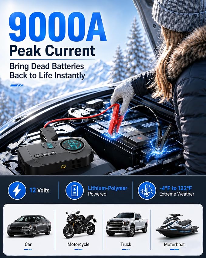 9000A Jump Starter with Air Compressor, 12V Car Battery Jumper Starter with 150PSI Tire Inflator Air Pump Portable (All Gas/10L Diesel), All-in-One Jump Box with LED Light, Power Bank, Large Display