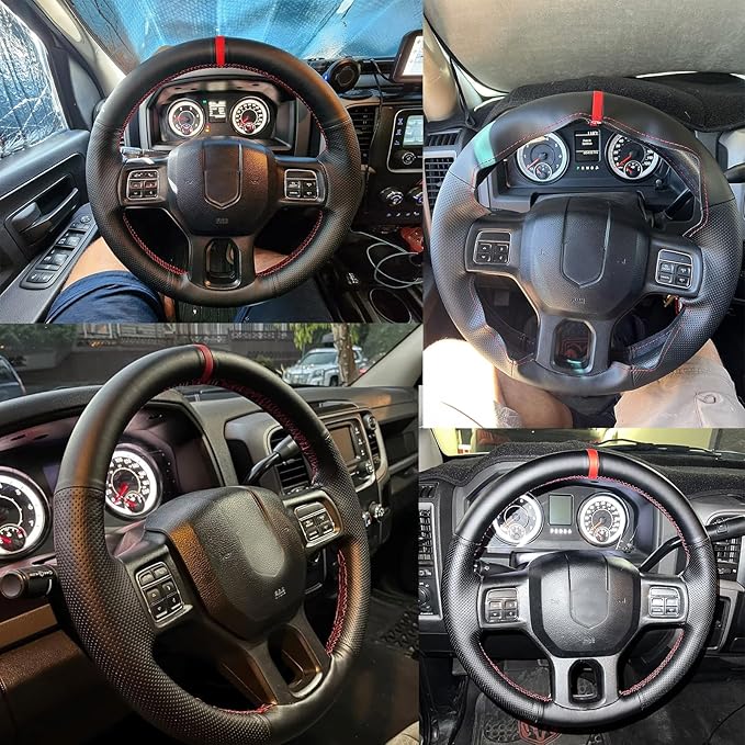 Genuine Leather Carbon Fiber Steering Wheel Cover for Dodge RAM 1500 2012-2018/1500 Classic 2019-2022/2500 3500 5500 Accessories Car OEM Custom Fit Hand Stitched Interior Parts