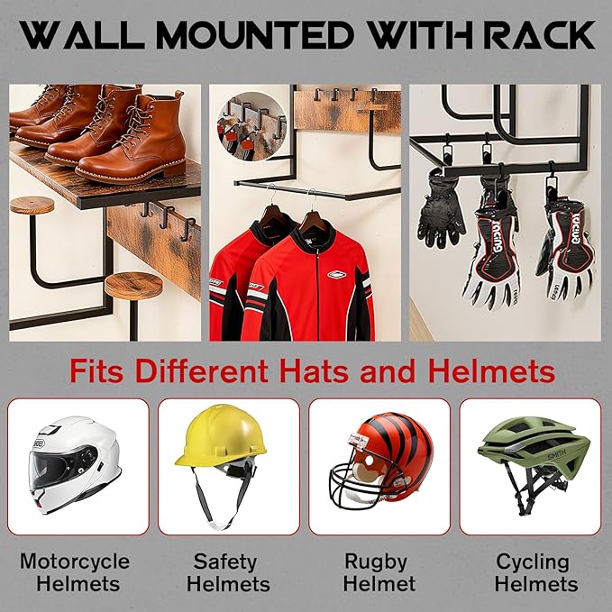 AstraLoom Heavy-Duty Motorcycle Helmet Wall Mount with 4 Glove Clips & 4 Utility Hooks - Universal Storage Rack for Helmets, Jackets & Riding Gear(Rustic Style)