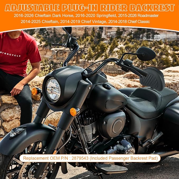 Plug-In Driver Rider Backrest for Indian Adjustable Motorcycle Front Back Rest Pad Mounting Kit Fit Chief Chieftain Roadmaster Springfield 2014-2025 (Not for Indian Chieftain PowerPlus)