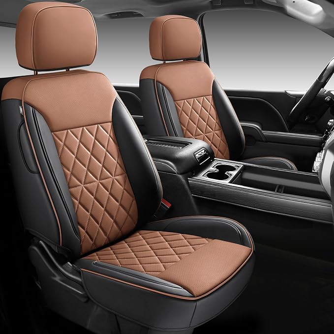 Custom Napa Leather Seat Covers for Chevy Silverado & GMC Sierra Crew Cab, 46-Split Flat Rear Bench Design, Compatible with 2019-2026 1500 and 2020-2026 2500HD 3500HD(Full Set, Black&Brown)