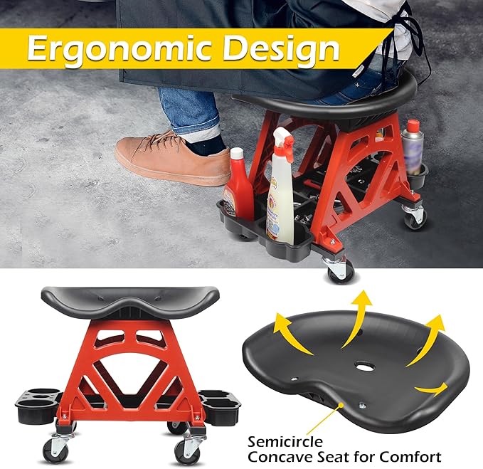 MaxWorks 50957 Ergonomic Seat Mechanic Stool Chair 22.9" L x 13.9" W x 17" H, with 4pcs 2.5" Swivel Casters, with Tool Tray for Workshop, Garage, Auto Repair - 300 Lbs Capacity
