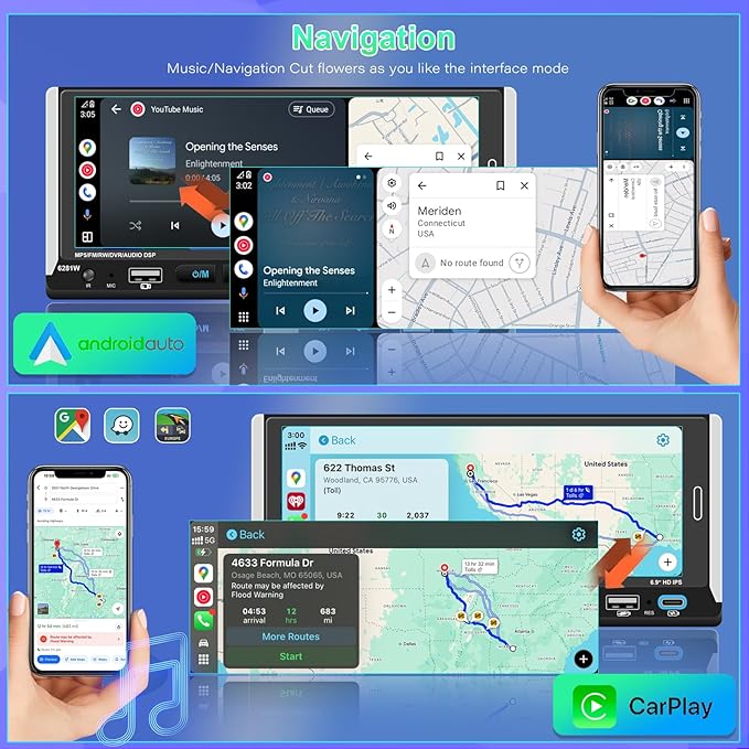 Wireless Apple CarPlay, Single DIN Car Radio, Car Stereo with 6.86" HD IPS Touchscreen, Bluetooth 5.2, Android Auto, Dual USB & Fast Charging, Backup Camera, FM Radio, DSP EQ Audio Subwoofer