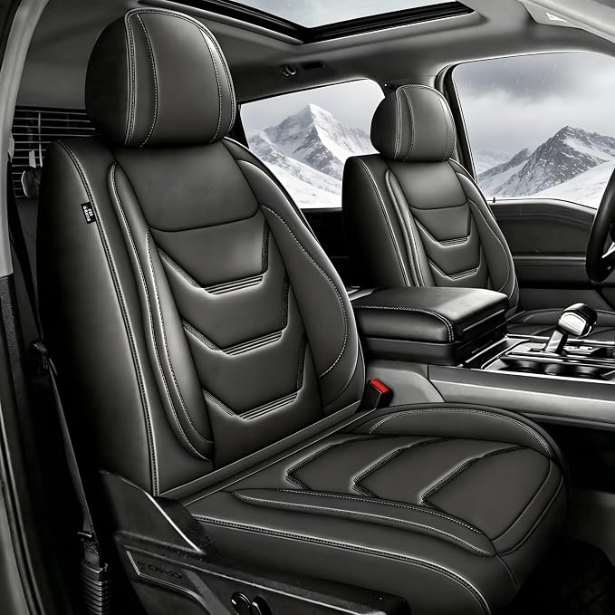 for Ford F150 SuperCrew Seat Covers 2009-2026 Full Set All Trims | Custom Leather F250/F350/F450 Seat Covers 2017-2026 XL XLT Lariat Platinum King Rach Limited Airbag Safe Full Waped, Black